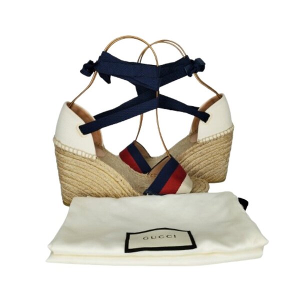 Gucci Lilibeth Sylvie Web Multicolor Canvas Wedge Espadrille Sandals - Picture 8 of 9